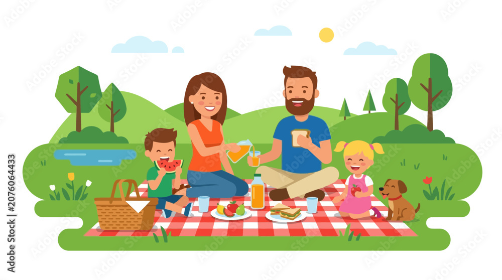 Fototapeta premium A happy family enjoys a picnic in a park with their dog, sharing food and drinks on a checkered blanket.