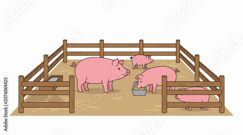 A group of cartoon pigs are inside a wooden pen, with some eating from troughs.