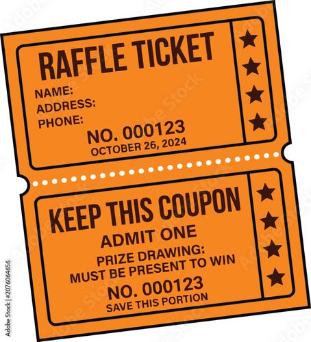 Obraz na płótnie Orange raffle ticket coupon template with perforated stub, prize drawing admit o