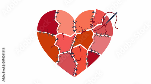 A patchwork heart is being stitched together with a needle and thread, symbolizing repair and healing.