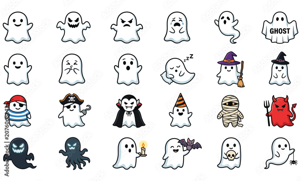Obraz premium Halloween Character Set Ghosts Monsters and Cute Spooky Creatures Vector
