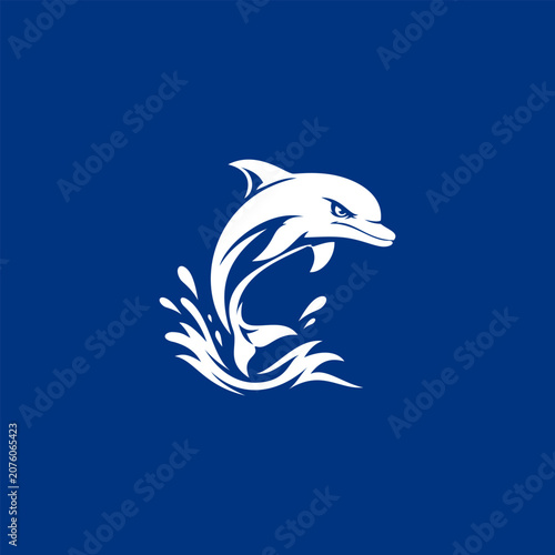 ​White vector silhouette illustration of a jumping dolphin creating a water splash, isolated on a solid blue background