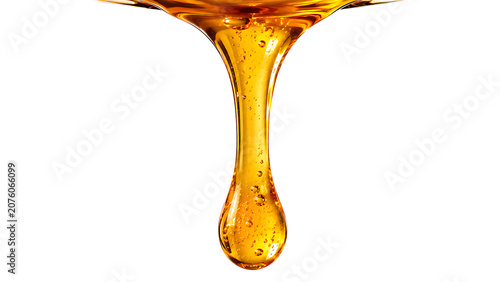 Golden honey drip with bubbles thick syrup liquid flow sweet food ingredient glossy natural drop pouring viscous isolated on a transparent background
