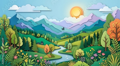 3D Paper Cut Style Mountain Landscape Vector Illustration