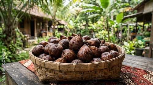 Fresh Snake Fruit Salak Harvested in Woven Bamboo Basket