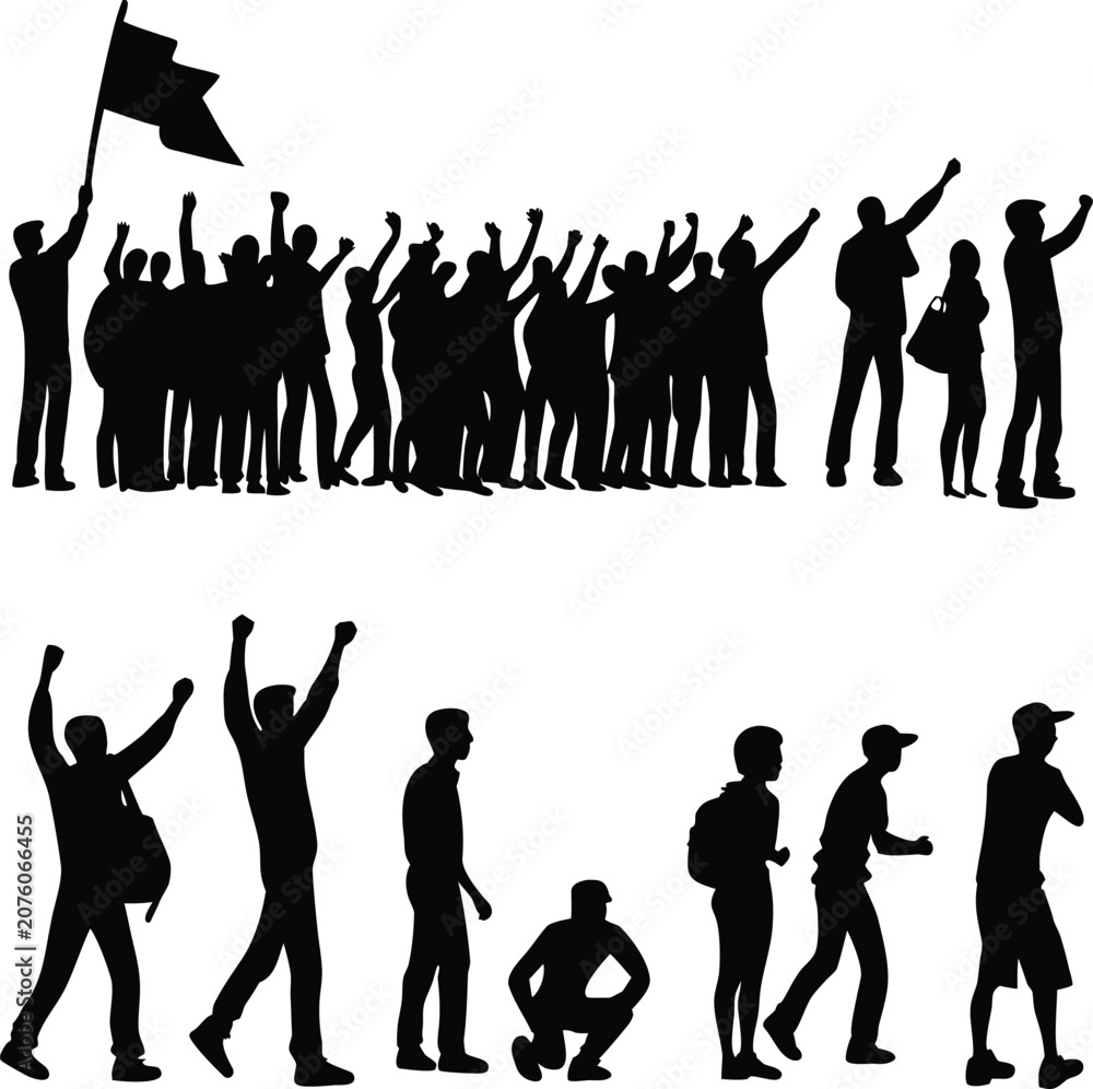 Fototapeta premium Crowd of Protesters and People Demonstrating Silhouette Set