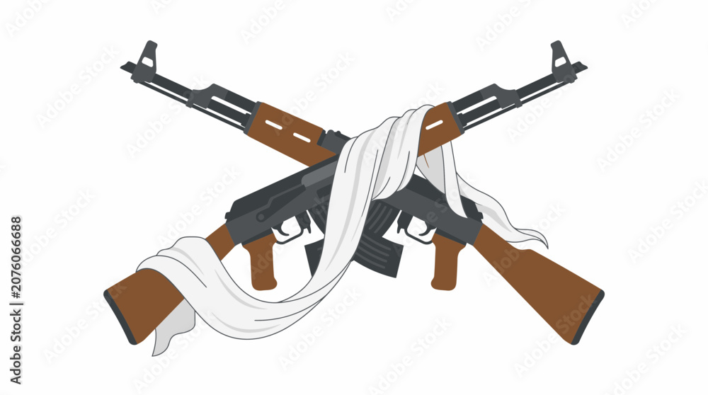 Fototapeta premium Two crossed rifles are draped with a white cloth, symbolizing a truce or surrender.