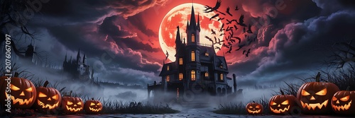 Spooky haunted house with glowing pumpkins on a foggy Halloween night  eerie landscape