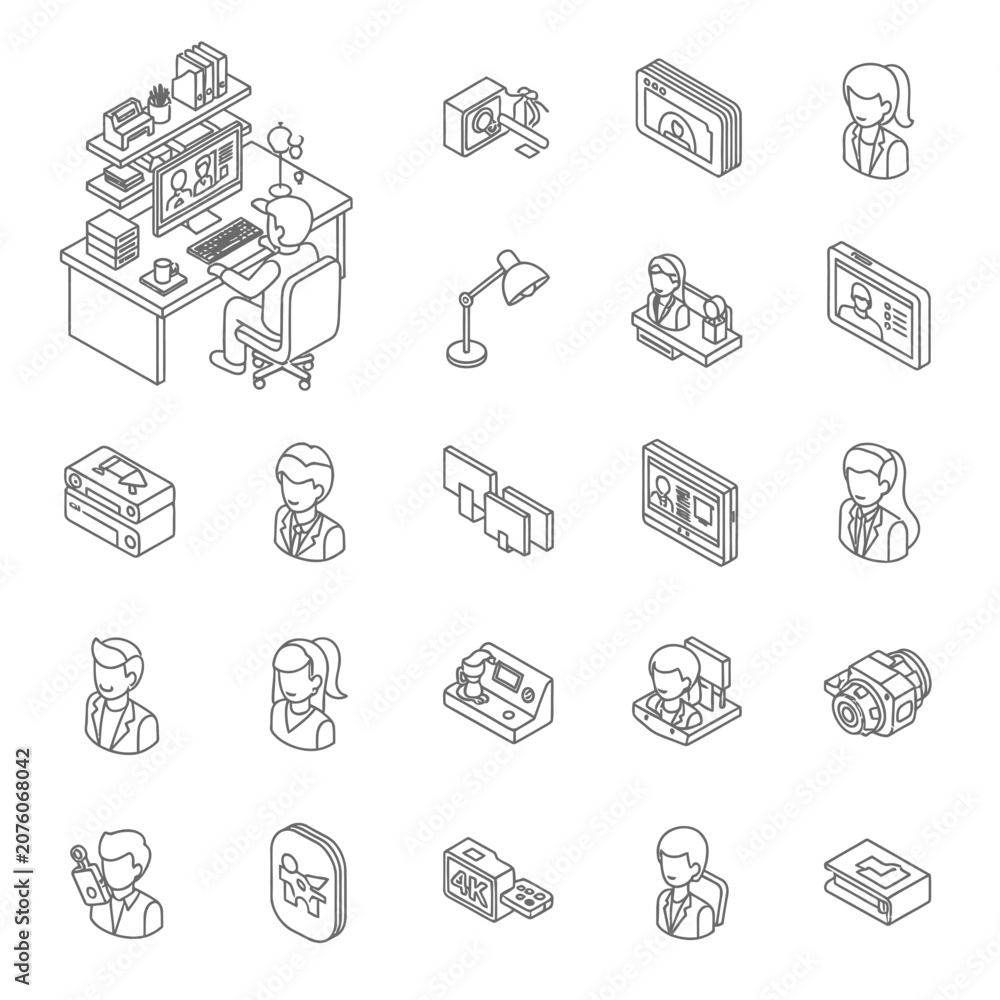 Fototapeta premium Isometric Icons Representing Office Work and Technology Concepts.