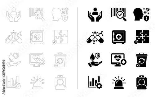 Healthcare Safety and Medical Security Outline and Solid Icons Set, Patient Protection, Health Monitoring, Pharmacy, Digital Healthcare Vector Collection