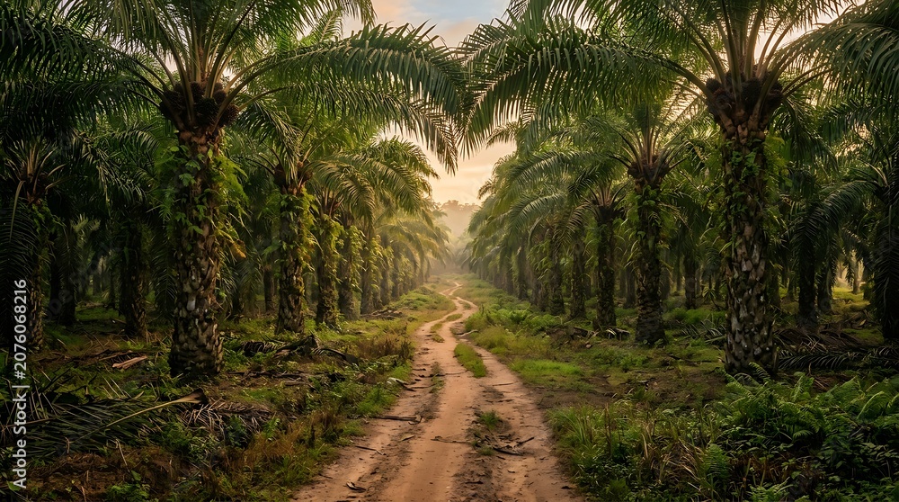 Fototapeta premium Dirt road pathway leading through a dense palm oil plantation forest