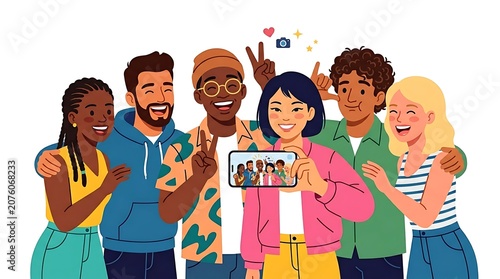 Diverse group of happy young friends taking a selfie together, flat illustration