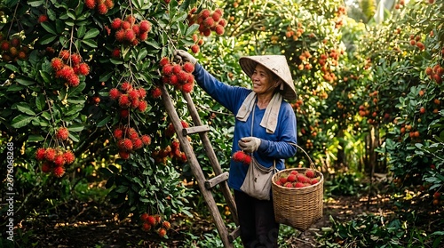 Local Farm Worker Harvesting Ripe Red Rambutan Fruits in a Tropical Orchard