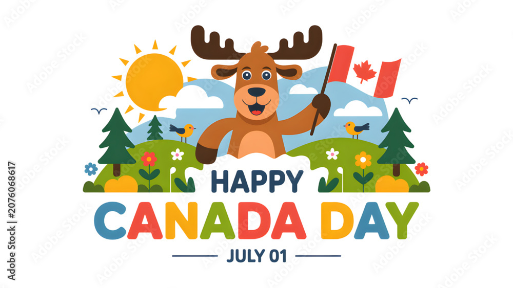 Fototapeta premium Moose holding canadian flag on canada day with colorful text