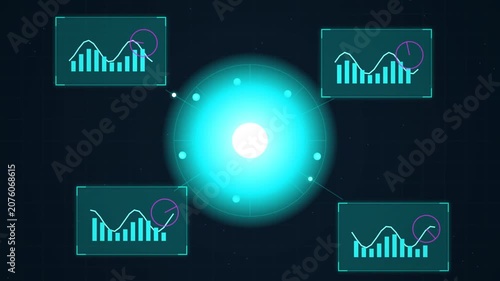 Futuristic Data Visualization HUD with Glowing Orb and Charts