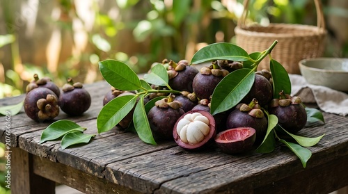 Fresh Purple Mangosteen Fruit with Green Leaves on a Rustic Wooden Table