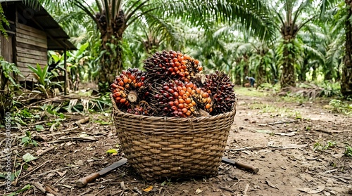 Freshly Harvested Oil Palm Fruit Bunches in a Woven Basket at a Plantation