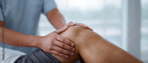 Physiotherapist examining patient's knee during a physical therapy session for injury or rehabilitation.