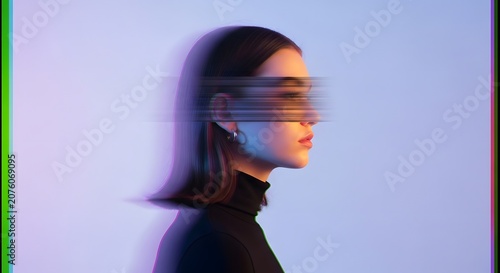 Digital profile of a woman with motion blur. Cyber identity and technological distortion. Young woman side view with glitch effects and neon lighting