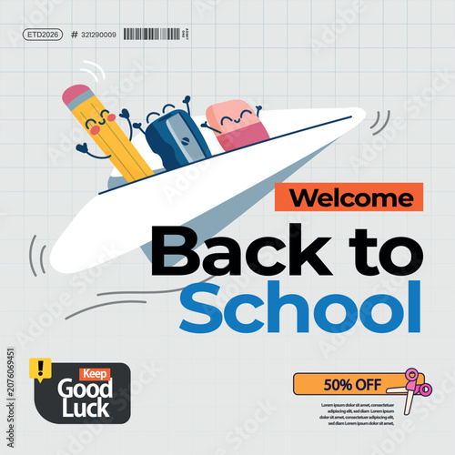 Back to School Posters and Social Media Templates with Colorful School Supplies and Abstract Geometric Shapes Vector Illustration