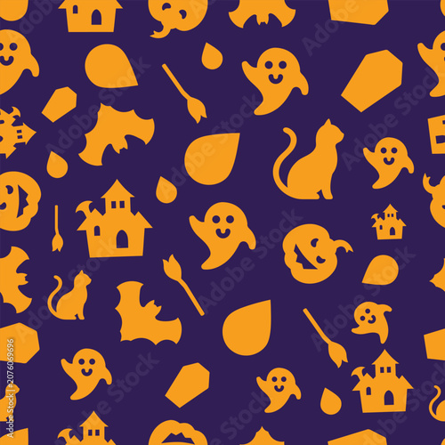 Halloween seamless pattern with cute ghosts pumpkins bats and haunted houses flat vector background.