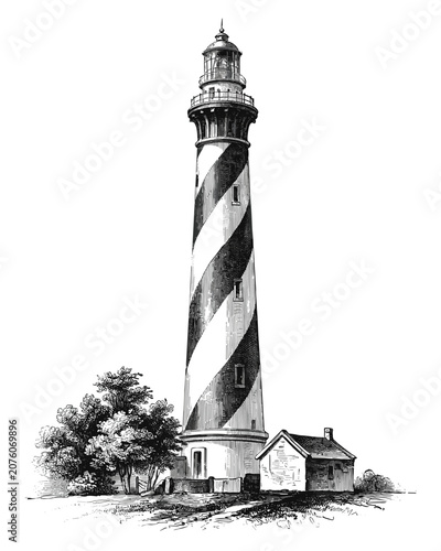 Vintage engraved of a tall coastal lighthouse with spiral stripes standing next to a small house and trees on white background