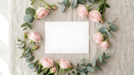 Floral border with pink roses and eucalyptus around blank card