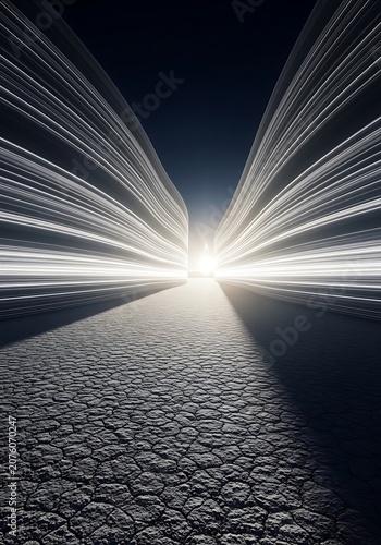 Dramatic desert road, speeding lights, cracked earth landscape, motion blur