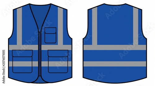 Blue High Visibility Safety Vest with Reflective Stripes, Front and Back View Vector Illustration Template