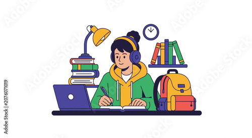 Young woman with headphones studying books.
