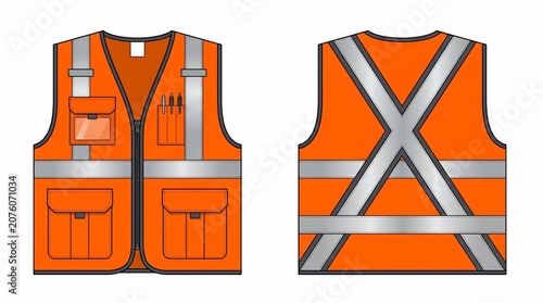 Orange High Visibility Reflective Safety Vest Technical Drawing - Front and Back View Workwear Illustration