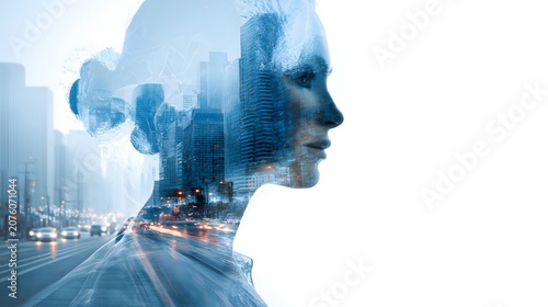 A double exposure effect combines a woman's profile with a busy city street backdrop.