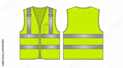 High-Visibility Reflective Safety Vest Technical Sketch Front and Back View - Fluorescent Yellow PPE