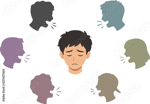 Sad boy surrounded by whispering talking people silhouettes vector illustration