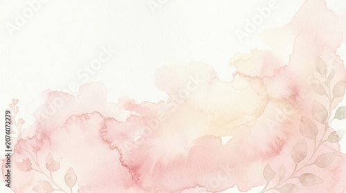 Soft pink watercolor wash background with delicate leaves and floral details