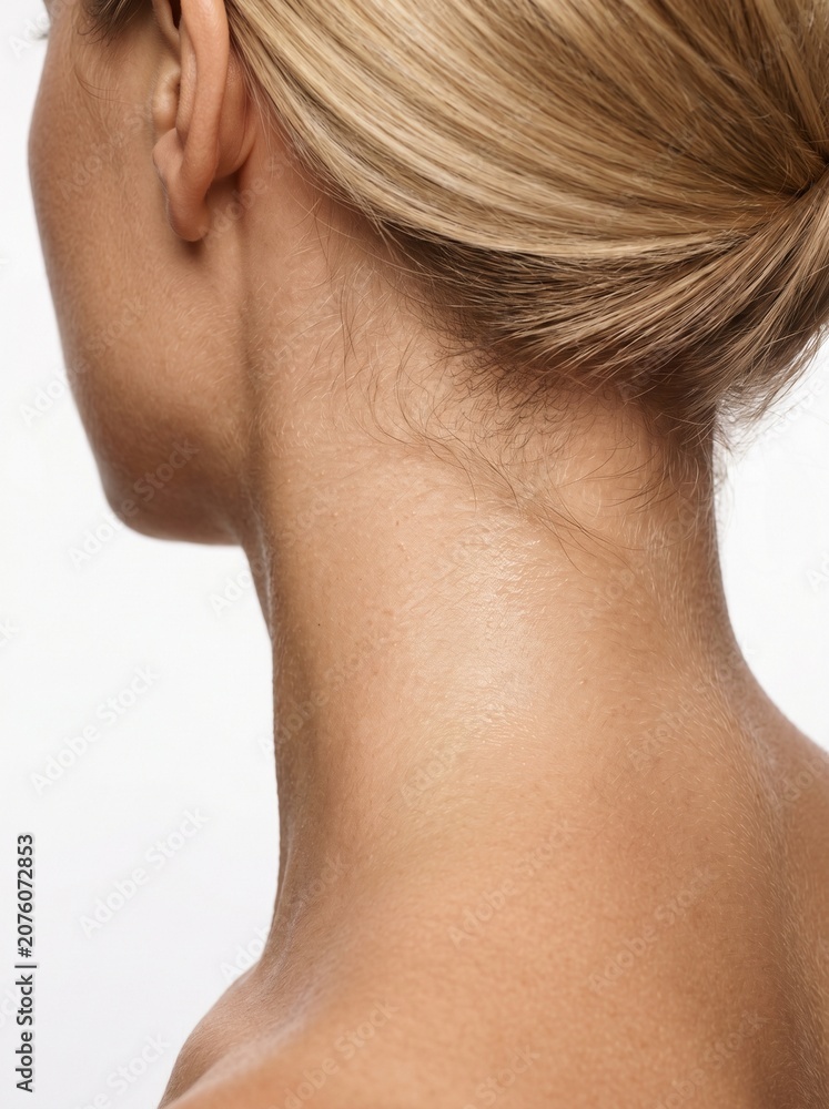 Fototapeta premium Close Up Back View of Blonde Woman Nape and Neck with Low Ponytail, Glowing Tanned Smooth Skin Texture, Luxury Neck Care Body Skincare Beauty Concept, Clean Minimal Aesthetic Wellness Photography