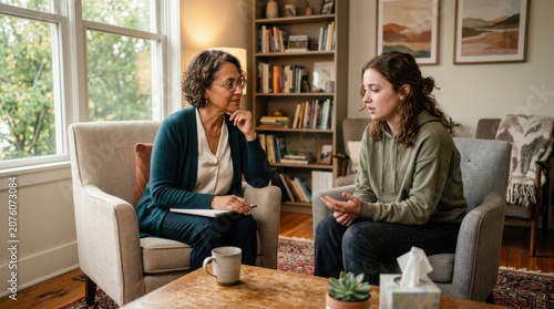 Professional therapist listening to young woman during mental health counseling session