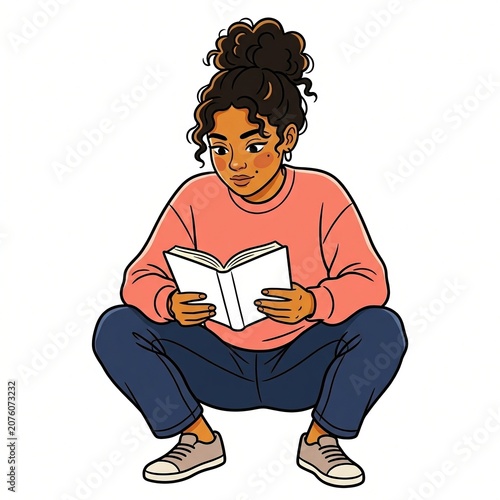Curious young woman with a curly high bun squatting comfortably while reading a small white book, playful reading clip art with bold outlines, casual clothing, and clean isolated white background