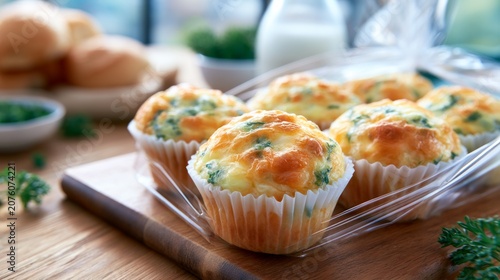 Freshly baked savory egg muffins with herbs and cheese on wooden board