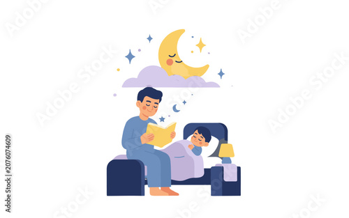 A father reading a bedtime story to his sleeping child under a smiling moon.