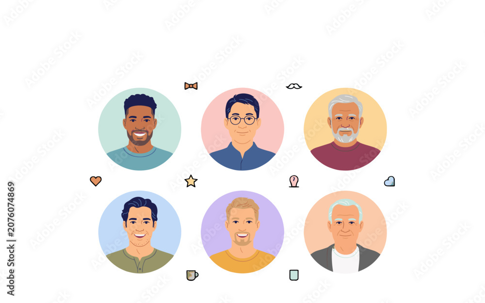 Fototapeta premium A collection of six diverse male avatars in a flat design style, showcasing a range of ages and ethnicities, surrounded by small graphic icons.