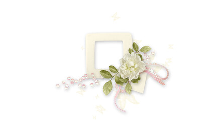 Elegant Floral Frame with White Rose, Butterflies, and Sequins on Black Background