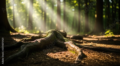 Sunlight Streaming Through Forest Canopy, Illuminating the Forest Floor and Roots.
