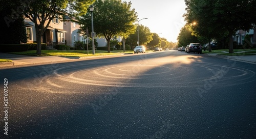 Sunlit Street with Circular Tire Marks.