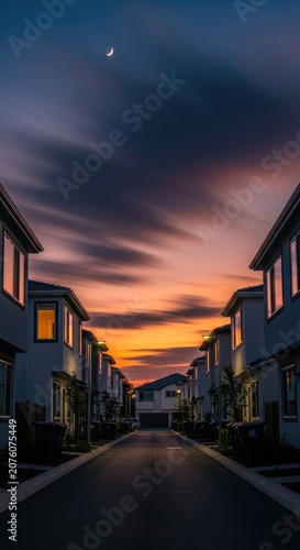 Sunset over suburban neighborhood street with houses.