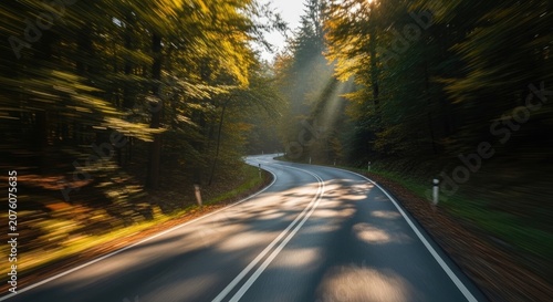 Winding Road Through Lush Forest with Sunlight Streaming Through Trees.