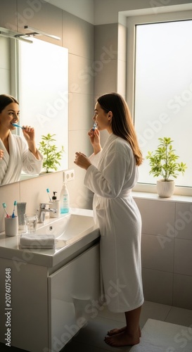 Woman Brushing Teeth in Bathroom Mirror.