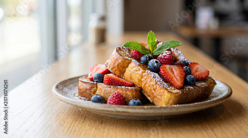 Obraz na płótnie Delicious french toast with berries and maple syrup served on ceramic plate in warm sunlight at cozy breakfast cafe