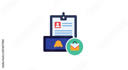 Clipboard with document and icons.