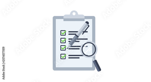 Clipboard with magnifying glass and pen.